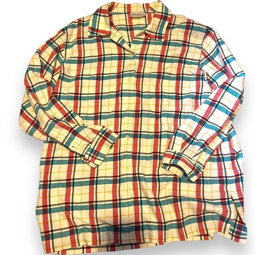 Vintage Elisabeth Liz Clairborne Flannel Womens 14 Pink Blue Long Sleeve